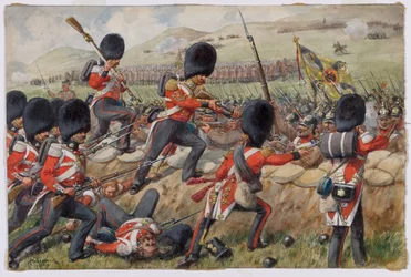 Detalj av Scots Fusilier Guards, nå Scots Guards, ved slaget ved Alma, Krimkrigen, 20. september 1854